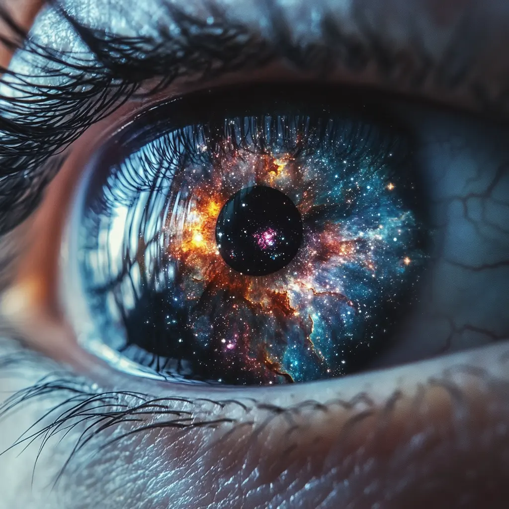 A eye with reflection of the galaxy reflecting foresight into the future