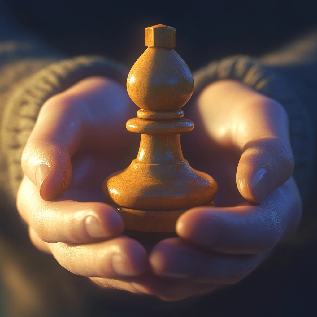 A close-up of hands holding a chess piece in their palms, symbolizing protection and care.