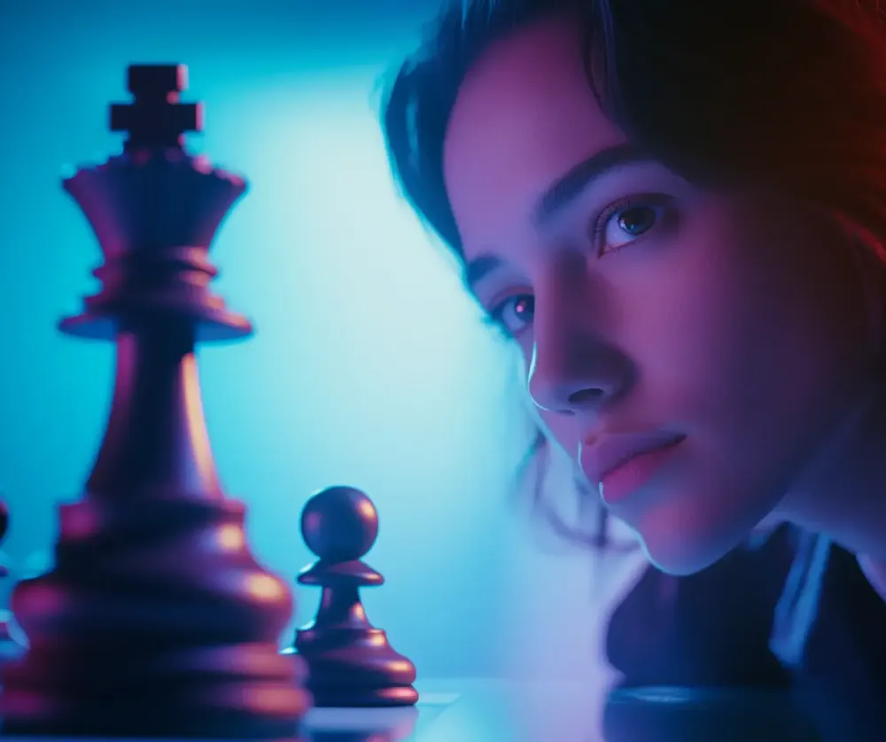 Woman playing chess, symbolizing strategic thinking and brand strategy for iCreateWords