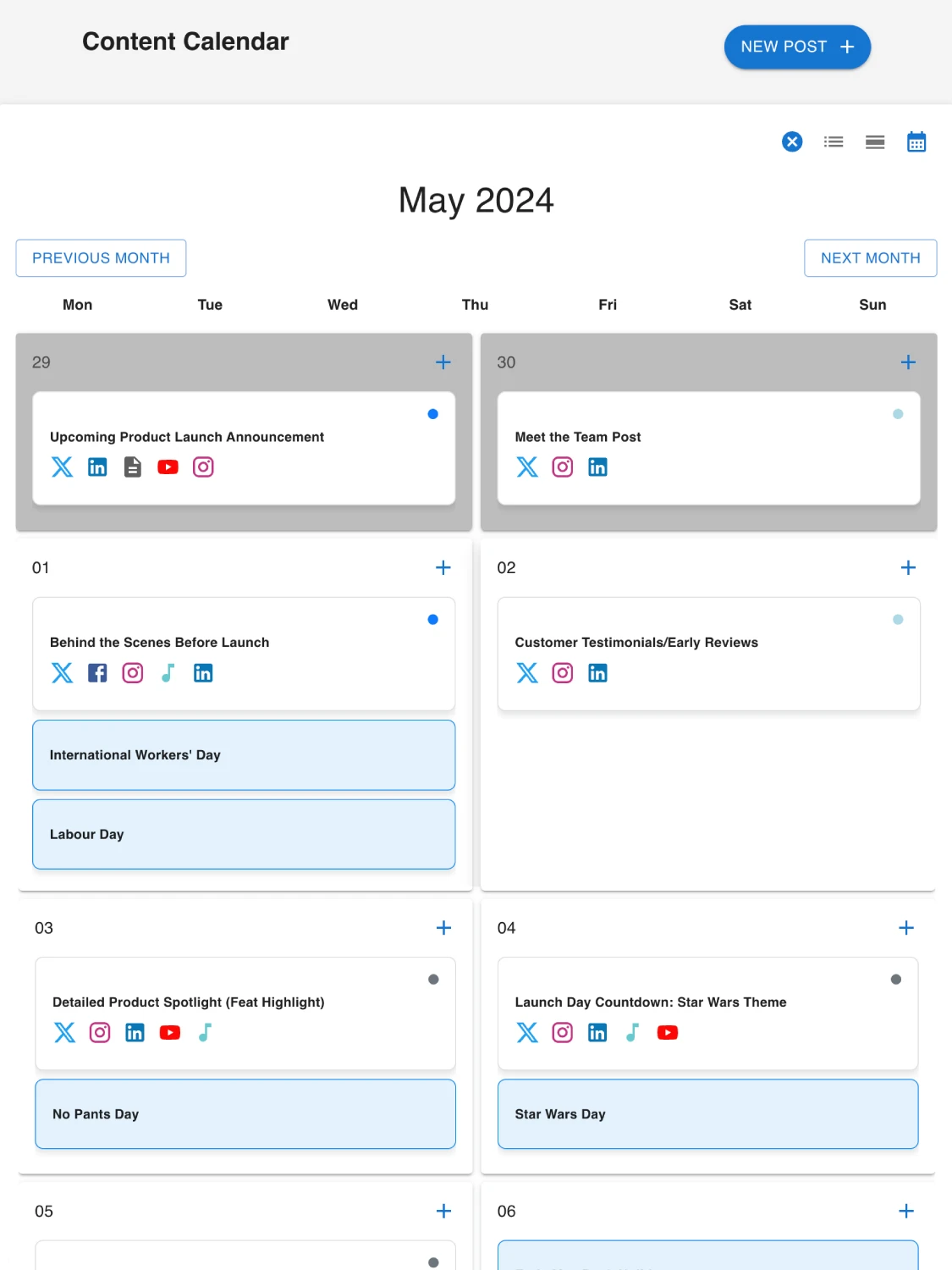 icreatewords app showcasing a content calendar with in monthly view with scheduled events and upcoming holidays.