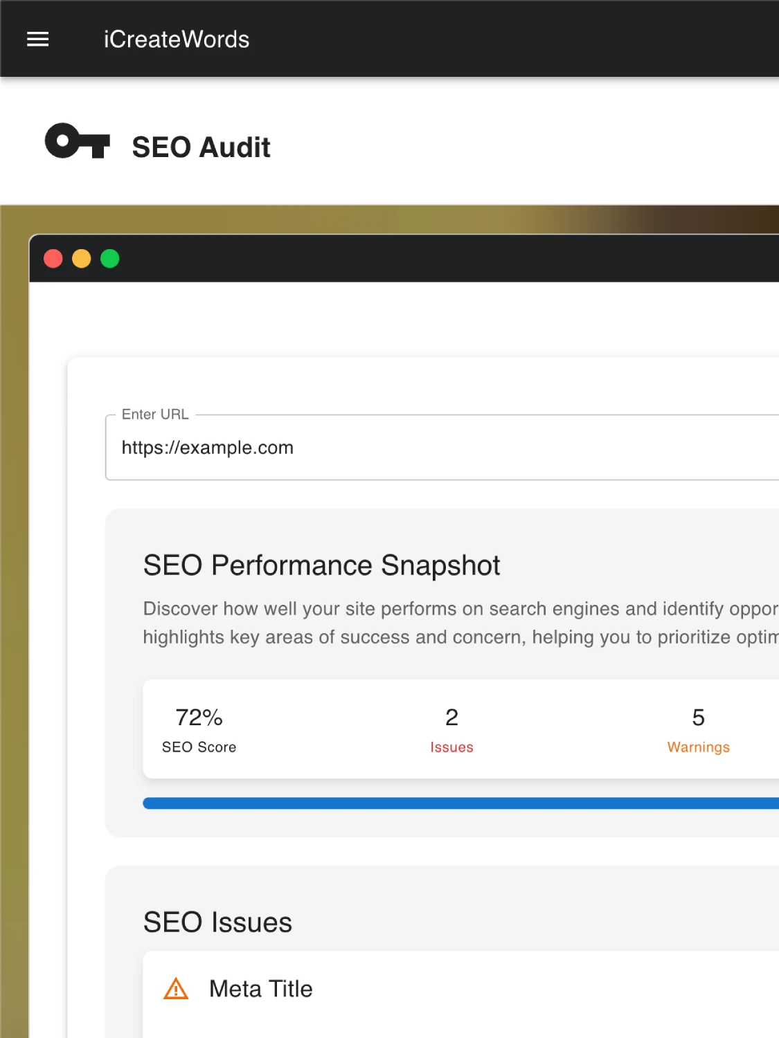 icreatewords app showcasing a seo audit being performed for a website.